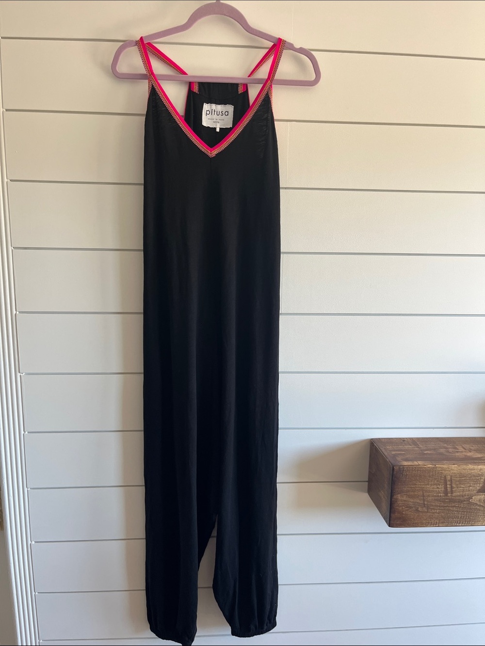 Pitusa Black Maxi Jumpsuit with Hot Pink Trim